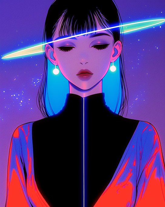 An illustrated digital artwork shows a stylized woman with closed eyes wearing a black top with red and blue accents, with a glowing green ring around her head against a purple cosmic background.