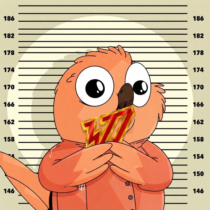 An orange cartoon creature covers its mouth with a '1717' metallic logo in front of a height chart background ranging from 146 to 186.