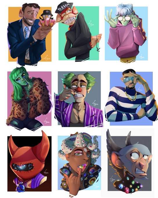 The image features a collection of nine cartoon faces, each with unique clothing styles and accessories. The faces are arranged in a grid-like pattern, showcasing various outfits and poses. The post also mentions that there's going to be a mini series soon, which could mean more artwork or illustrations will follow from this initial collection.