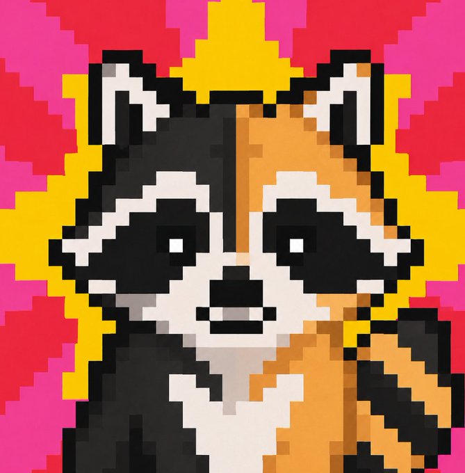 A pixel art style digital illustration of a black, white, and orange raccoon with a yellow starburst halo behind it, set against a vibrant pink and red pixelated background. The image serves as the promotional artwork for the "2FACERACOON" token, which is set to launch on the Pump.fun platform on the Solana blockchain, as indicated by the hashtags #PUMPFUN, #SOLANA, and #DEXSCREENER.