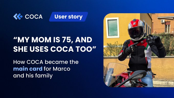 COCA user story banner with the quote 'MY MOM IS 75, AND SHE USES COCA TOO' and subtitle 'How COCA became the main card for Marco and his family', featuring a person in motorcycle gear on a bike.