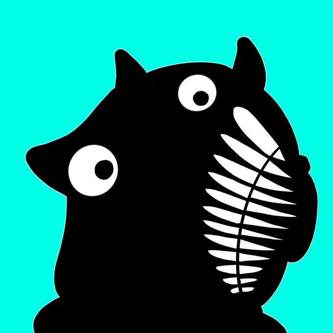 A minimalist graphic illustration of a black cat character with one large eye and an exposed fishbone running down the side of its face, set against a bright turquoise background.