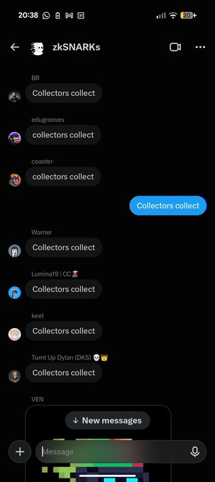 A messaging app screenshot showing users "BR," "edugooves," "coaster," "Warner," "Luminary9 | OG," "keet," "Turnt Up Dylan (DKS)," and "VEN" all repeatedly responding "Collectors collect," reinforcing the post's message about collectors preparing to purchase the @zkSNARKS drop.