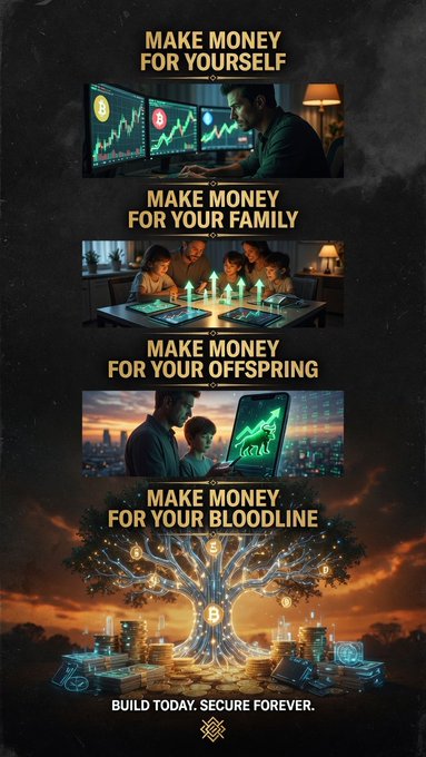 A motivational infographic featuring four panels with the headings "Make Money For Yourself," "Make Money For Your Family," "Make Money For Your Offspring," and "Make Money For Your Bloodline," showing images of individuals trading on computer screens, a family with glowing upward arrows, a man and child viewing a growth chart, and a golden tree growing from Bitcoin (₿) coins, with the closing text "Build Today. Secure Forever."