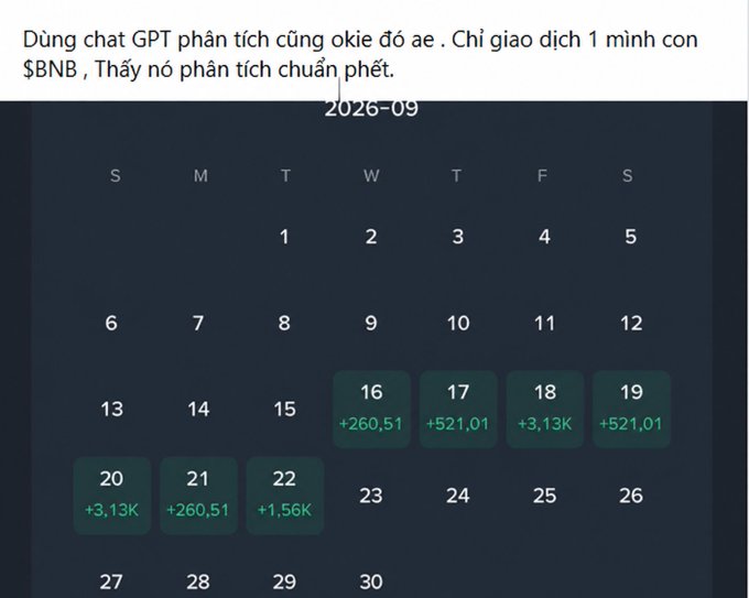 A September 2026 calendar showing daily profit figures in green (e.g., +3,13K, +521,01, +1,56K) with Vietnamese text above mentioning using 'chat GPT' to analyze transactions of '$BNB'.