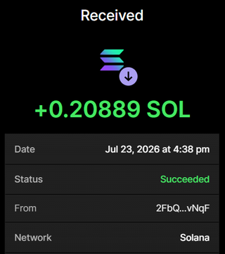 The image shows a successful Solana transaction receipt confirming receipt of +0.20889 SOL on July 23, 2026 at 4:38 pm from wallet 2FbQ...vNqF. This visually confirms the post's claim that 2.09 million $NOBULL tokens were acquired for 0.208 SOL during the presale.