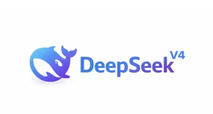 The image shows the DeepSeek V4 logo, featuring a stylized blue whale icon next to the "DeepSeek" text with a "V4" superscript. This relates to the "Bring The WHALE !!!" post by visually representing the whale mascot associated with the DeepSeek V4 AI model.