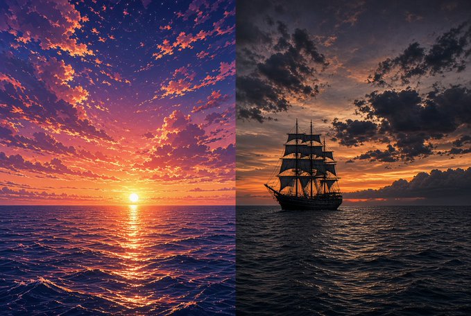 A stunning sunset over the ocean is shown in two styles—an anime-inspired scene on the left and a realistic image of a tall ship silhouetted against the sky on the right. The "gm" post fits perfectly, as the breathtaking dawn/sunset scenery evokes a sense of adventure and the start of a new day.