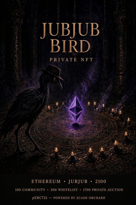 Dark, gothic-themed NFT promotional poster for 'JUBJUB BIRD PRIVATE NFT' featuring a black crow wearing a fedora and sunglasses in a candlelit ritual circle with a purple Ethereum diamond symbol, advertising 100 community spots, 300 whitelist spots, and 1700 private auction slots on contract pERC721.