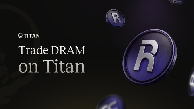 A dark promotional graphic featuring stylized purple coins with an "R" logo, alongside the "TITAN" branding and text reading "Trade DRAM on Titan." The image advertises the launch of DRAM (Roundhill Memory ETF) trading on the Titan platform, issued via Backpack Securities through Sunrise DeFi.