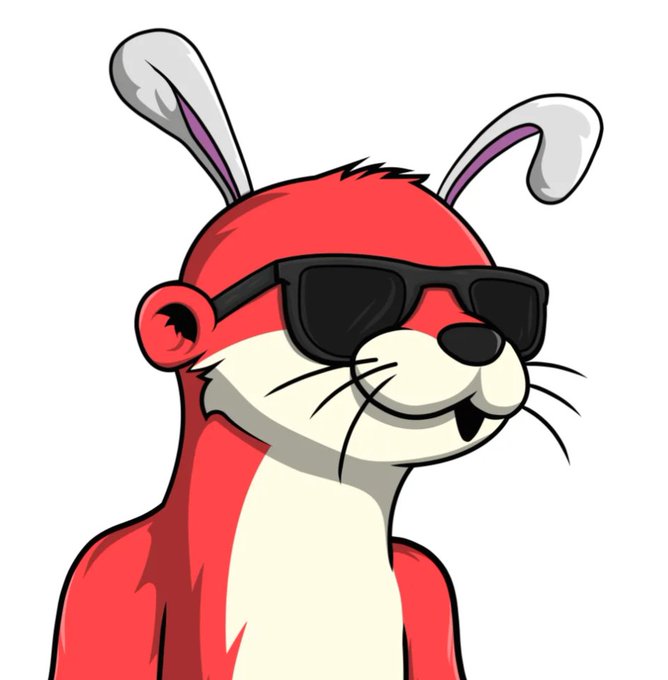 A cartoon illustration of a red and white rabbit-like animal wearing black sunglasses with a confident expression.