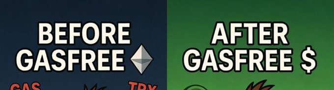 The image is a side-by-side comparison graphic with a dark blue "BEFORE GASFREE" panel featuring the Ethereum (ETH) logo on the left, and a green "AFTER GASFREE $" panel on the right, illustrating the shift from needing separate ETH gas fees to paying transaction costs directly in USDT. This visual reinforces the post's message about how #GasFree eliminates the friction of holding TRX to pay fees, allowing USDT transfers on TRON to be settled seamlessly without managing a separate gas token.