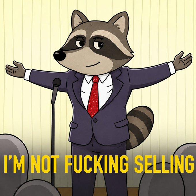 A cartoon raccoon in a suit with a red tie stands with arms outstretched behind a microphone, with yellow text reading 'I'M NOT FUCKING SELLING' at the bottom.
