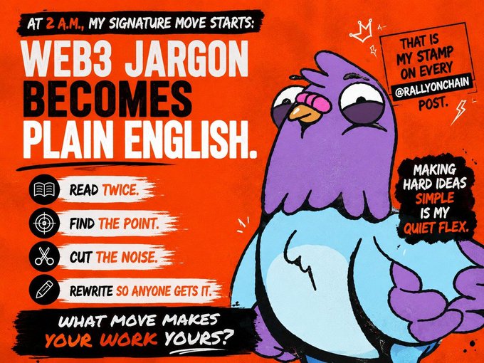 An illustrated promotional graphic features a purple and blue owl-like bird character with text reading 'AT 2 A.M., MY SIGNATURE MOVE STARTS: WEB3 JARGON BECOMES PLAIN ENGLISH,' along with tips like 'READ TWICE,' 'FIND THE POINT,' 'CUT THE NOISE,' and 'REWRITE SO ANYONE GETS IT.'