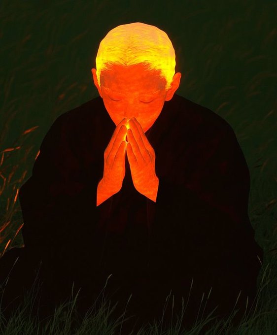 An illustration of a monk or figure with a shaved head in dark robes, hands clasped in prayer, with their head and hands illuminated in bright orange light against a dark green background.