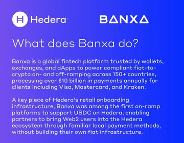 The image is a Hedera-branded informational graphic featuring the Hedera (HBAR) and Banxa logos, with a blue background displaying text explaining that Banxa is a global fintech platform trusted by wallets, exchanges, and dApps for compliant fiat-to-crypto on- and off-ramping across 150+ countries, processing over $10 billion annually for clients including Visa, Mastercard, and Kraken. It highlights Banxa's role in supporting USDC on Hedera to bring Web2 users into the Hedera ecosystem. This visually reinforces the post's announcement of the partnership between Hedera and Banxa to enable compliant, global fiat on/off-ramping and easier onboarding for $HBAR users.