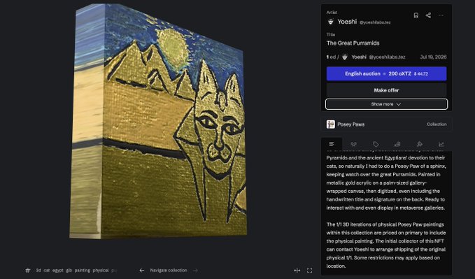 An NFT listing titled "The Great Pyramids" by artist Yoeshi, showing a gold-toned 3D painting of pyramids and an Anubis-like figure, with NFT 1 of 1 on the Posey Paws collection.