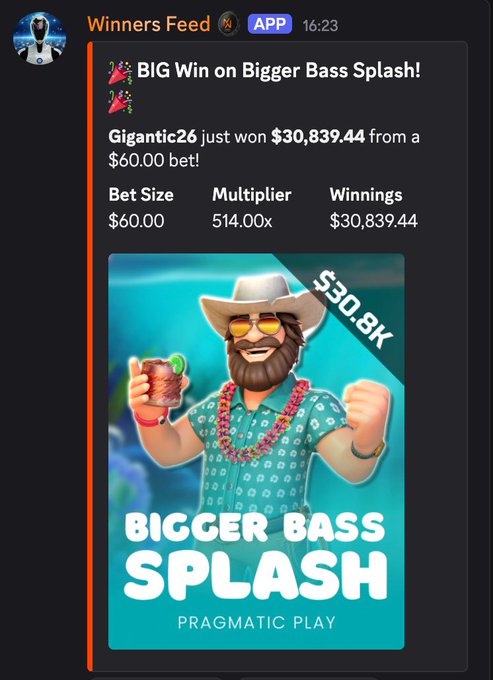 A screenshot of a Winners Feed notification showing user "Gigantic26" winning $30,839.44 from a $60.00 bet on the "Bigger Bass Splash" slot by Pragmatic Play, with the post promoting MetaWin's $1M drop giveaway as an opportunity for similar big wins.