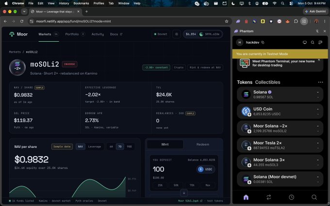 A screenshot of the Phantom wallet browser extension showing the mSOL2 leveraged token on the DeFi platform Moor.fi, with token metrics including a NAV of $0.9832, $24.6K TVL, and 2.73% borrowing APR.