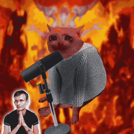 A surreal digital collage showing a hamster wearing a chainmail hood standing at a microphone against a fiery background, with a cutout of a man with clasped hands in the corner.