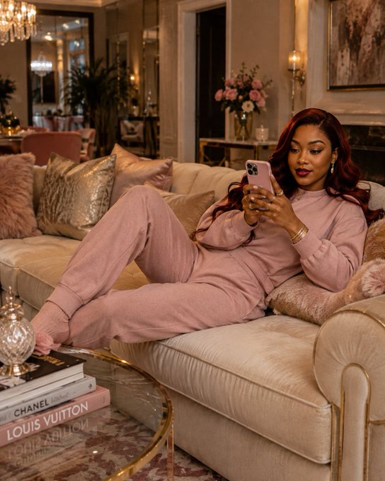 A lifestyle photo of a woman with long auburn hair lounging on a beige velvet couch in an elegant pink tracksuit, looking at her smartphone, with designer coffee table books including "CHANEL" and "LOUIS VUITTON" visible.