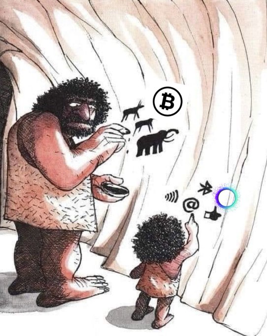 A watercolor-style illustration depicts a caveman painting animal figures including a Bitcoin (₿) symbol on a cave wall, while a child watches using various modern tech icons (signal, @, AI, airplane, car).
