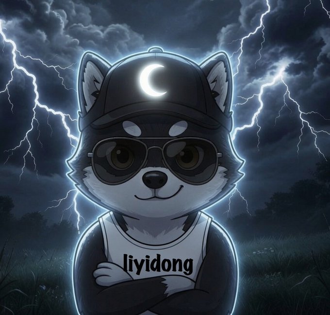 The image features a cartoon dog wearing sunglasses, a hat with a crescent moon, and the word "Lilyidong" written on its chest. The background of the image shows dark clouds and lightning bolts, creating an atmosphere of a stormy night or a dramatic scene. The caption below the image reads: "Mame Inu will fly to the moon; he is the last Shiba Inu." This phrase is related to the post because it refers to the character Lilyidong from the anime series "Mame Inu".