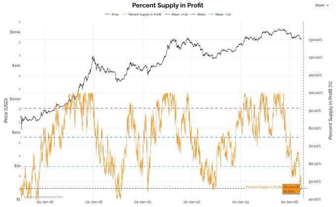 Bitcoin 'Percent Supply in Profit' chart from lookintobitcoin.com showing price in USD from 2016 to 2025, with the orange line indicating current supply in profit near 55%.