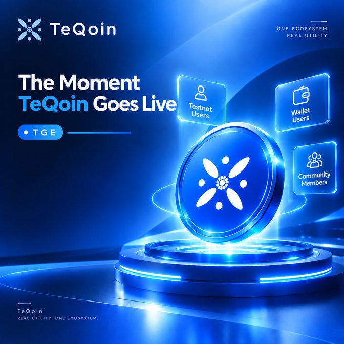 A sleek promotional graphic for TeQoin announces "The Moment TeQoin Goes Live" alongside a "TGE" (Token Generation Event) badge, featuring a glowing blue token emblem on a futuristic platform surrounded by icons representing Testnet Users, Wallet Users, and Community Members, with the tagline "ONE ECOSYSTEM. REAL UTILITY."