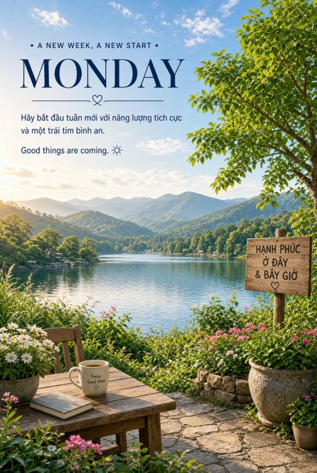 A motivational Monday graphic featuring a scenic view of a lake and mountains, a wooden table with a coffee mug, flowers, and text reading 'A NEW WEEK, A NEW START' and 'MONDAY' along with Vietnamese text.