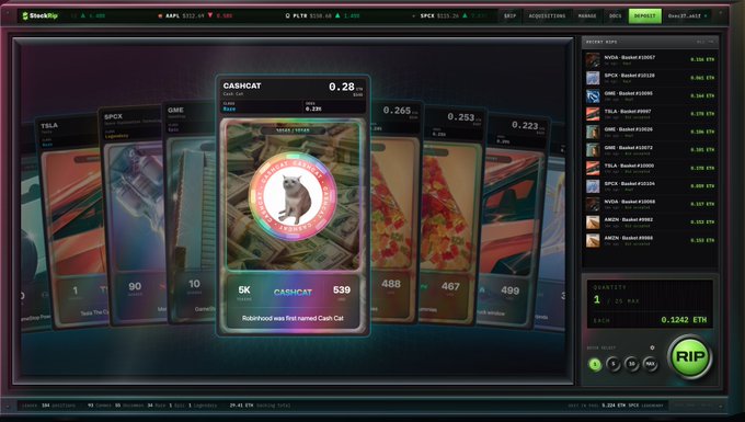 A StockPlay trading interface showing various stocks and cryptocurrencies with "CASHCAT" highlighted in the center card displaying 0.28 price and 5K volume.