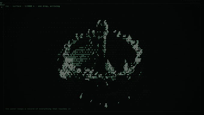 A minimalist digital art piece showing a face composed of scattered white dots and text fragments against a black background, with text reading 'the water keeps a record of everything that touches it'.