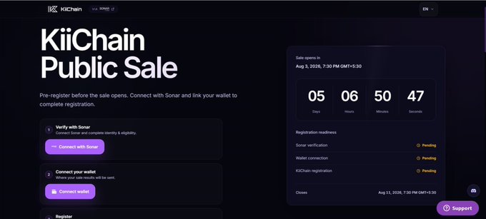 The image displays the KiiChain Public Sale registration page, showing a countdown timer of 5 days, 6 hours, 50 minutes, and 47 seconds until the sale opens on August 3, 2026, at 7:30 PM GMT+5:30, with steps to verify with Sonar, connect a wallet, and register—aligning with the post's call to action to sign up at sale.kiichain.io/sale?ref=NAZIM for the pre-sale using a referral code.