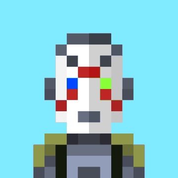 An 8-bit pixel art character on a solid blue background, appearing to be a gray robot or creature with red and green eyes, wearing a green top and blue/gray lower body with black straps.