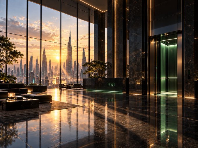A luxurious modern hotel lobby with floor-to-ceiling windows offering a sunset view of a futuristic city skyline featuring a very tall skyscraper.