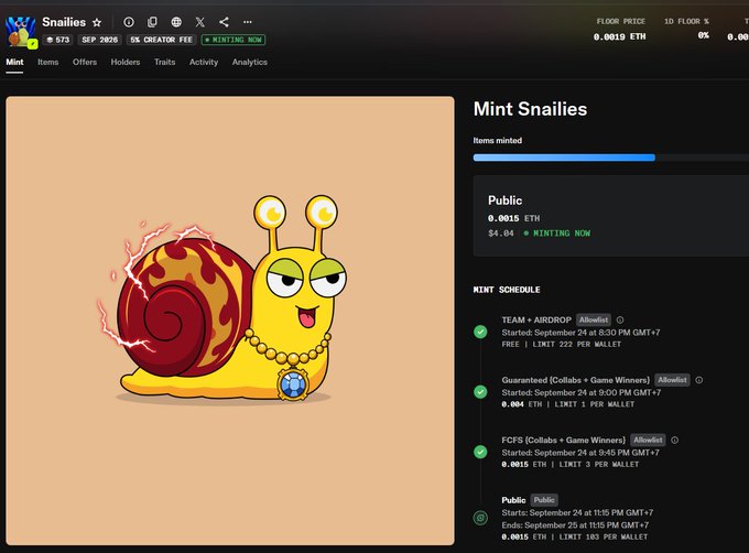 The image shows the minting page for the Snailies NFT collection on OpenSea, displaying a cartoon snail character with a red shell and yellow body, priced at 0.0015 ETH with a mint schedule outlining phases for TEAM+AIRDROP, Guaranteed, FCFS, and Public minting windows, supporting the post's message about conducting DYOR by showing the project's pricing structure and mint phases.