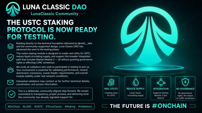 The image is a Luna Classic DAO announcement graphic featuring a large teal Luna logo and the headline "THE USTC STAKING PROTOCOL IS NOW READY FOR TESTING," inviting all validators to participate in testing a new native staking module developed by @loribit_labs. Key features highlighted include creating real utility for USTC, reducing circulating supply, integrating with Cosmos Market Module 2 and beyond, and ensuring no governance impact on the LUNC consensus.

The graphic directly supports the post by visually confirming the call for LUNC validator collaboration on the USTC staking module, emphasizing the community-driven, "OnChain" future of the Luna Classic ecosystem.