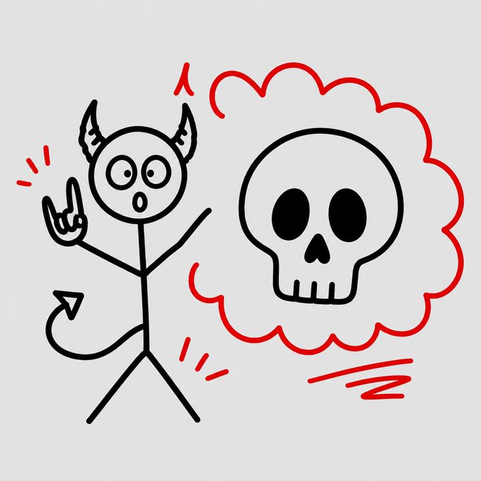 A simple line drawing of a devil stick figure pointing upward with a surprised expression, next to a large skull inside a red thought bubble.