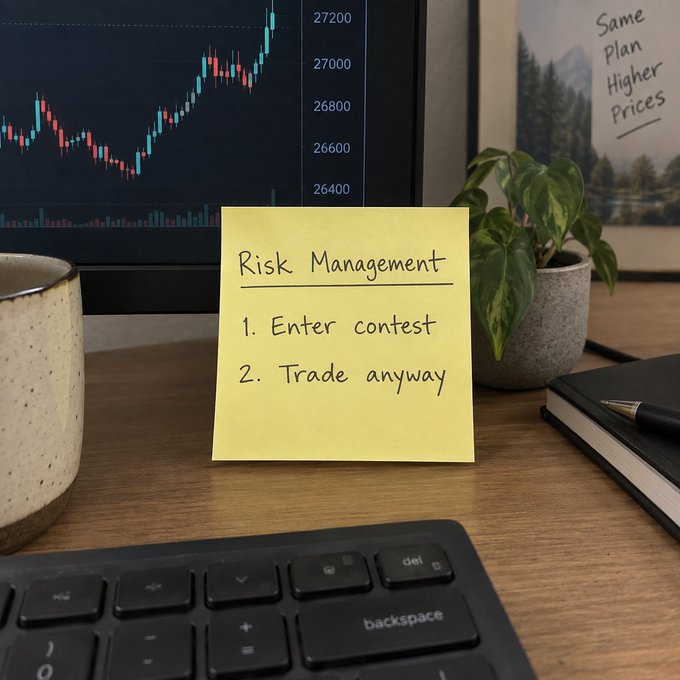 A photo of a desk setup with a computer screen displaying a candlestick chart (prices ranging from 26400 to 27200), a yellow sticky note titled 'Risk Management' listing '1. Enter contest' and '2. Trade anyway', alongside a coffee mug, potted plant, and keyboard.