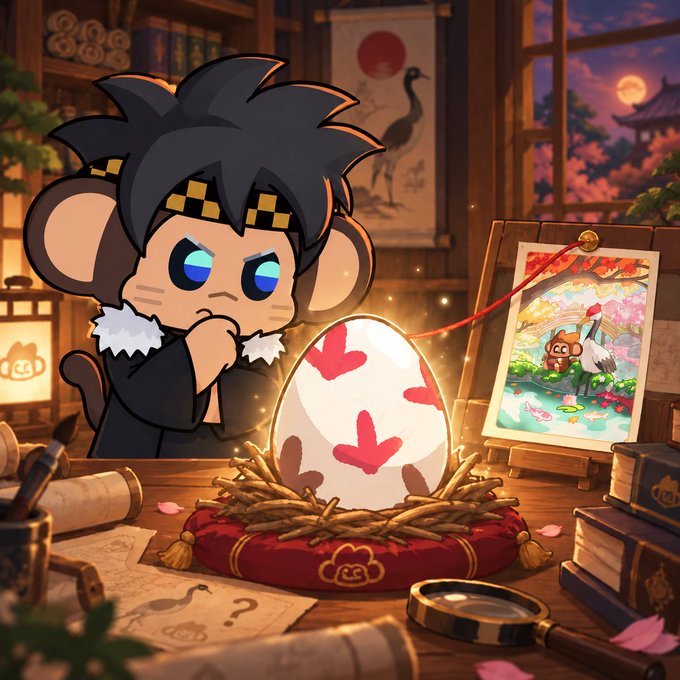 A chibi-style cartoon monkey character with a checkered headband contemplating a glowing egg with red heart markings in a nest, next to a painting of itself.