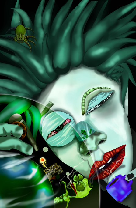 A stylized digital artwork featuring a pale face with green hair, closed eyes with red lashes, red lips, a spider on the hair, and small creatures around a bottle.