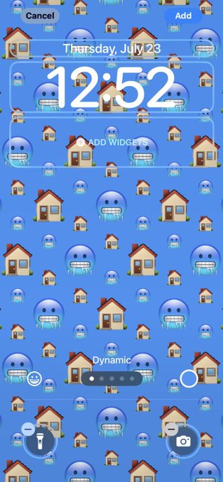 A smartphone lock screen displaying "Thursday, July 23" at 12:52 with a blue, dreamy wallpaper featuring emojis and houses. The "ADD WIDGETS" menu is open, reflecting the post's message about personalizing one's lock screen as an expression of what matters.