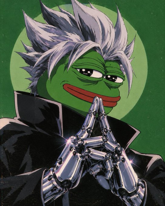 An anime-style illustration featuring Pepe the Frog with spiky white and purple hair, wearing a black coat and metallic armored hands pressed together in a praying gesture against a green circular background.