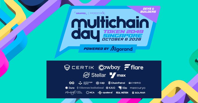 A promotional banner for 'Multichain Day Singapore' on October 6, 2026, powered by Algorand, listing sponsors including CertiK, Flare, Stellar, and Solana.