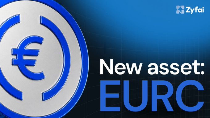 A promotional graphic for ZyFAI announcing a 'New asset: EURC', featuring a large 3D blue and silver coin with a Euro symbol on a blue grid background.