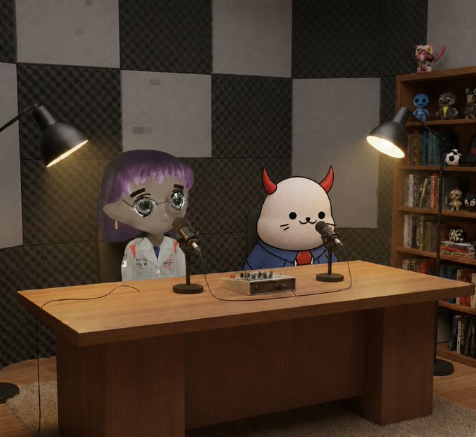 A plush doll with purple hair and glasses sits at a podcast desk alongside a white cat-like plush with red devil horns, both positioned behind microphones in a soundproof studio with a bookshelf of figurines in the background, illustrating the 95th episode of "Podcast with Madi" featuring guest Dmitriy Ungarov discussing how reading "Digital Gold" in 2020 sparked his interest in cryptocurrency.