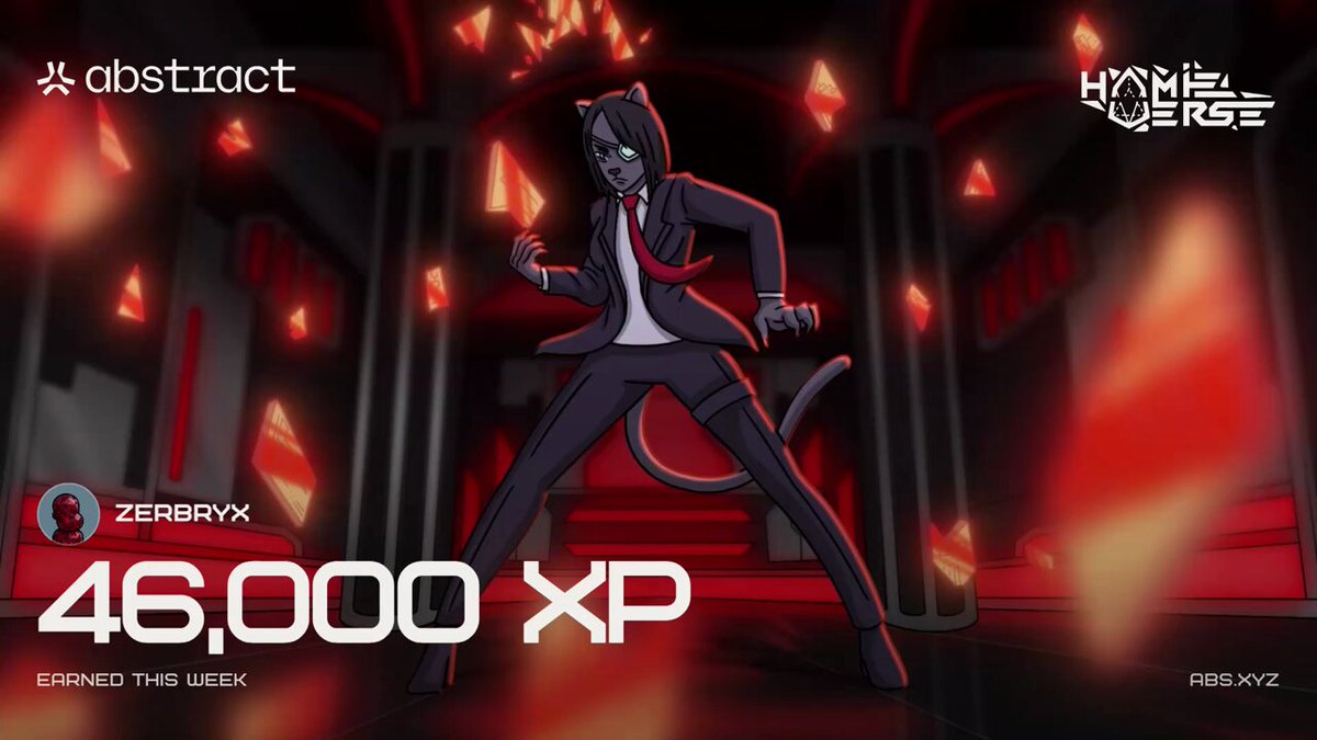 The image features a cartoon character, likely from the video game Hamieverse or another similar game, standing in front of a red background with orange sparks flying around her. A text overlay appears to be in Spanish that reads "Just dropped my personalized XP Card for this week's Hamieverse Tuesday Giveaway! Been grinding on AbstractChain and stacking XP." This suggests that the image might be related to an event or giveaway happening in the game world, possibly involving a custom XP card being offered to players.