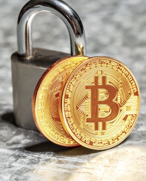 urn of gold coins with a "B" and "btc" logo, secured by a silver lock on a gray surface.