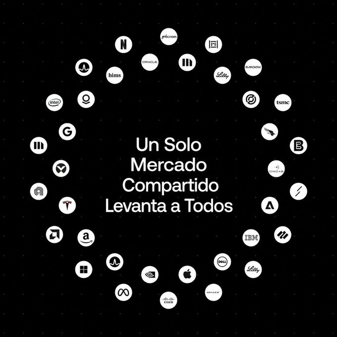 A black graphic displaying the Spanish text "Un Solo Mercado Compartido Levanta a Todos" surrounded by a circular arrangement of tech company logos including Netflix, Oracle, Micron, TSMC, IBM, Dell, Apple, and Cisco.