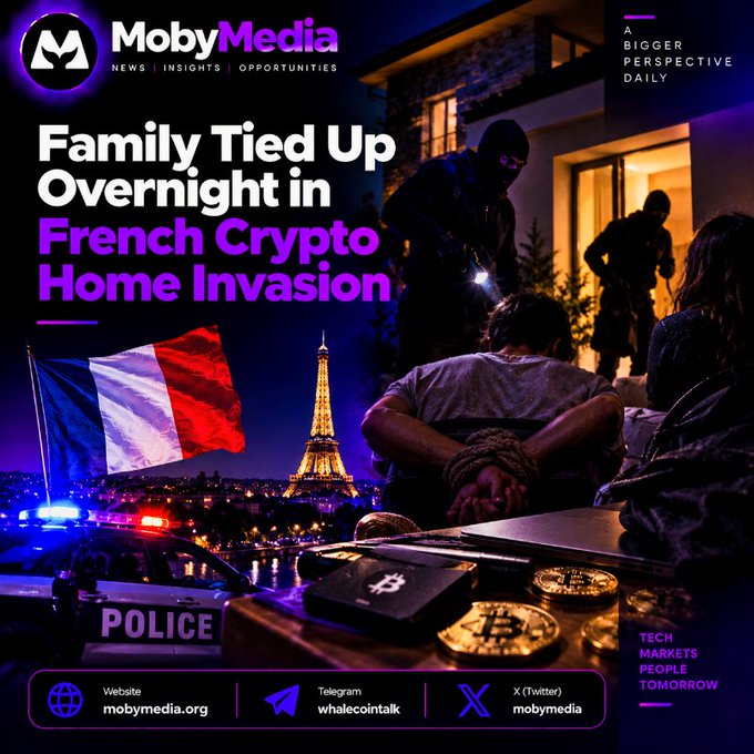 A MobyMedia news graphic with the headline 'Family Tied Up Overnight in French Crypto Home Invasion,' depicting masked intruders, a tied-up person, Bitcoin, and a Paris cityscape with the Eiffel Tower.